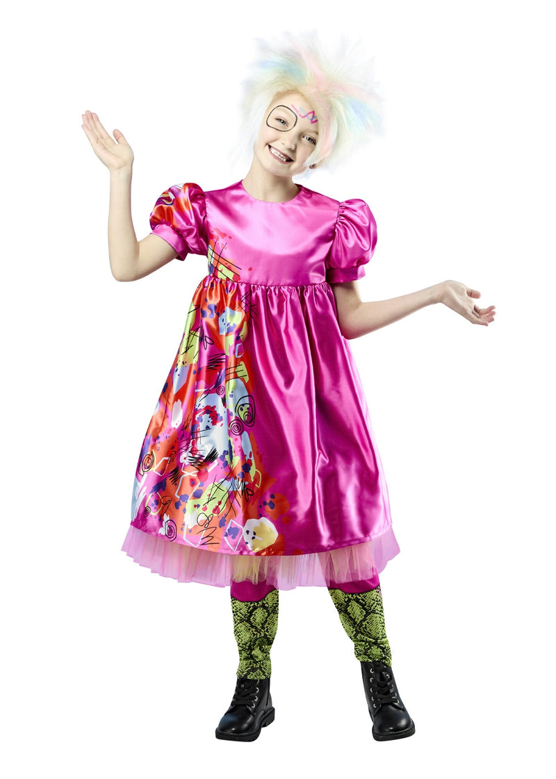 Kids Weird Barbie costume front view - hot-pink satin dress with asymmetric graphic panel and lime-green leggings