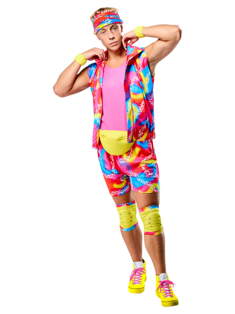 Mens Barbie Ken Rollerskate Costume - hot pink and neon jumpsuit with yellow accessories