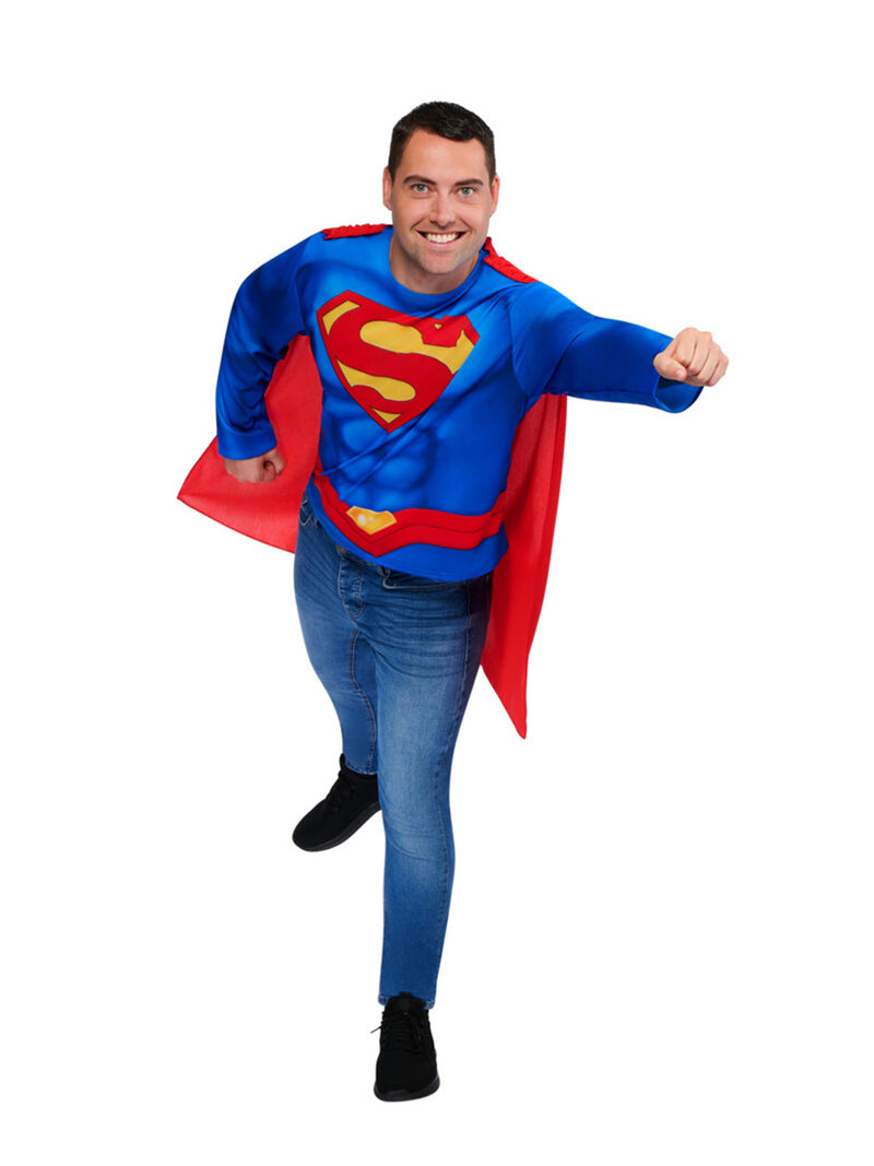 DC Comics Superman printed muscle suit showing iconic blue-and-red superhero design