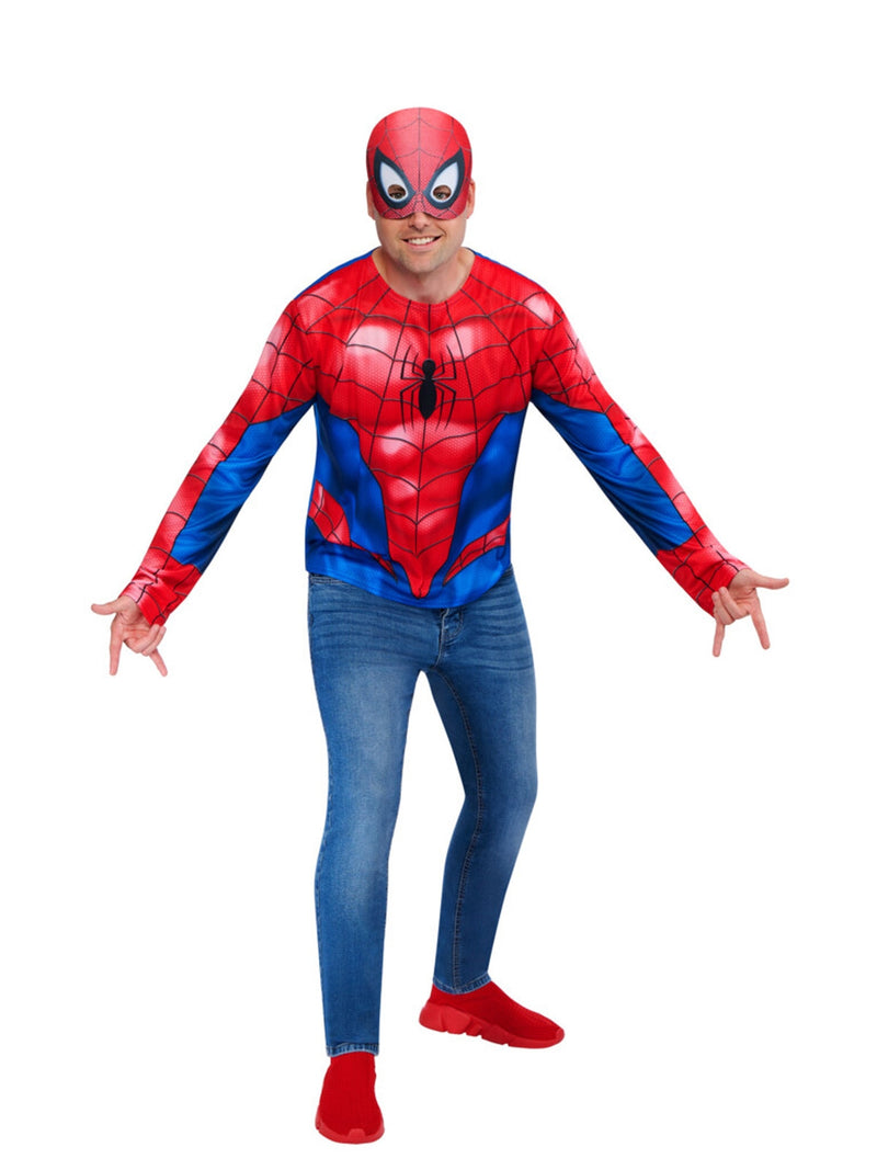 Adult Spider-Man costume top with red and blue sublimation print and black spider emblem on chest
