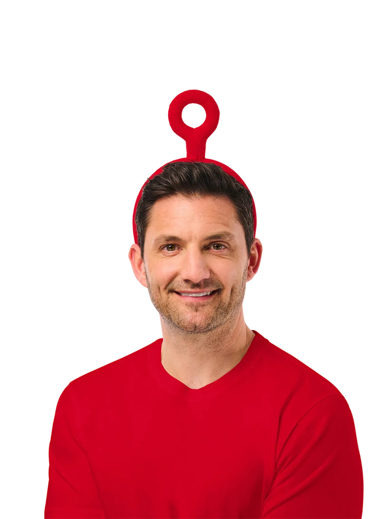 Adult Po Teletubbies headband with bright red circular antenna on padded felt band