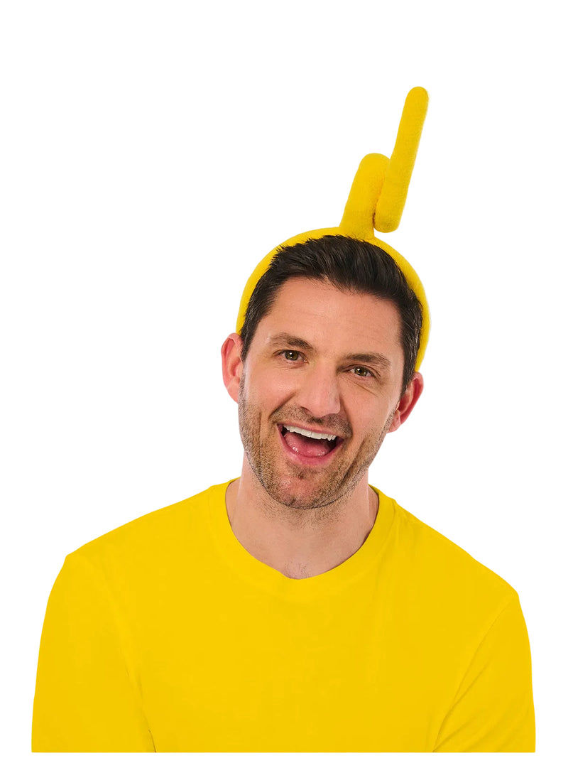 Adult Teletubbies Laa-Laa headband with curly yellow antenna on white background