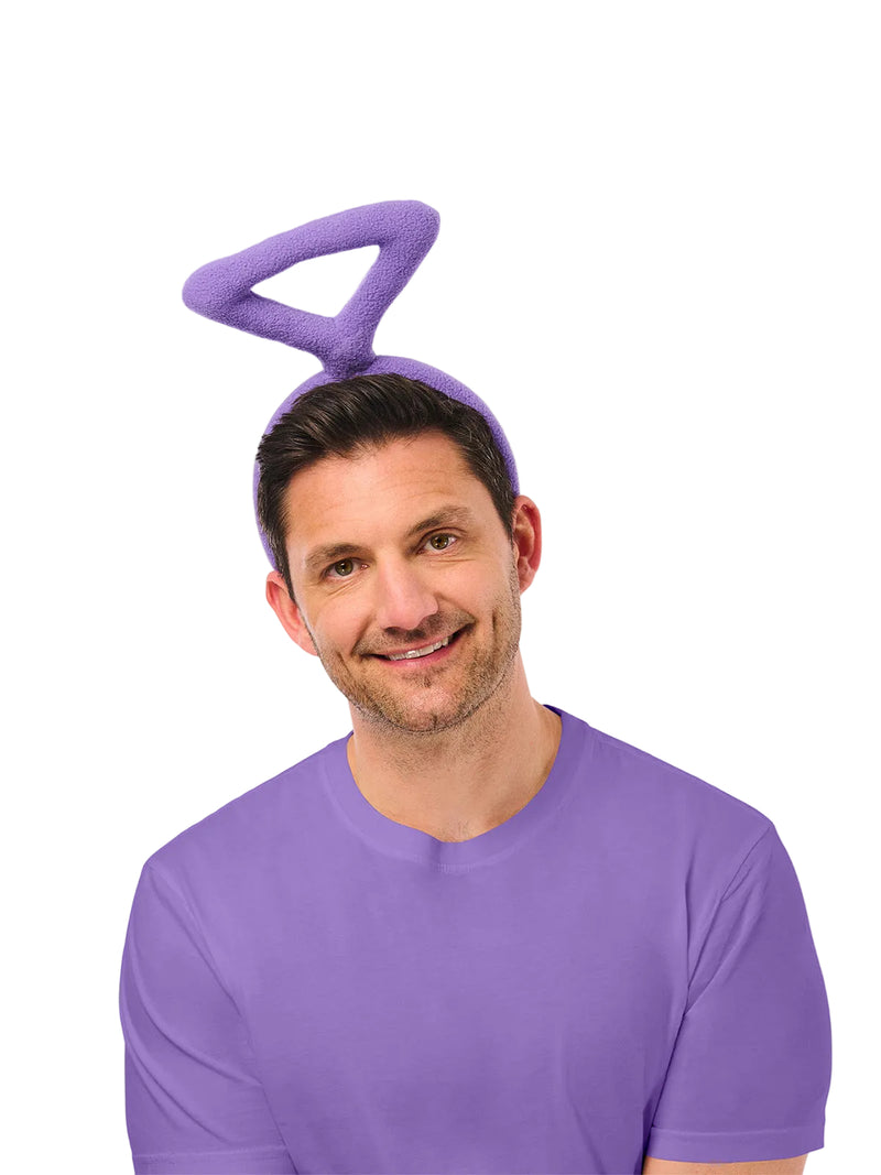 Purple Teletubbies Tinky-Winky headband with triangular antenna on white background