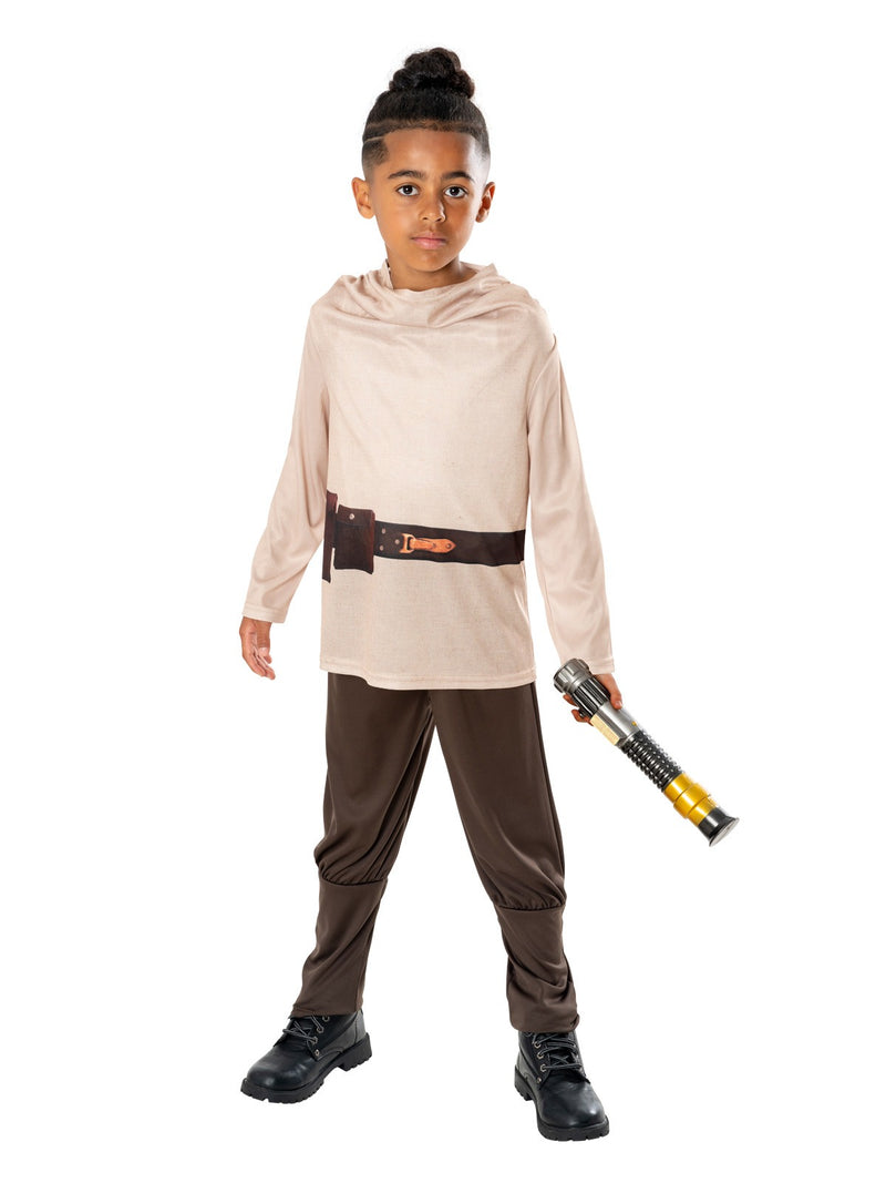 Kids Obi-Wan Kenobi Costume front view - beige Jedi tunic with cowl neck, printed belt and brown pants, child holding toy lightsaber