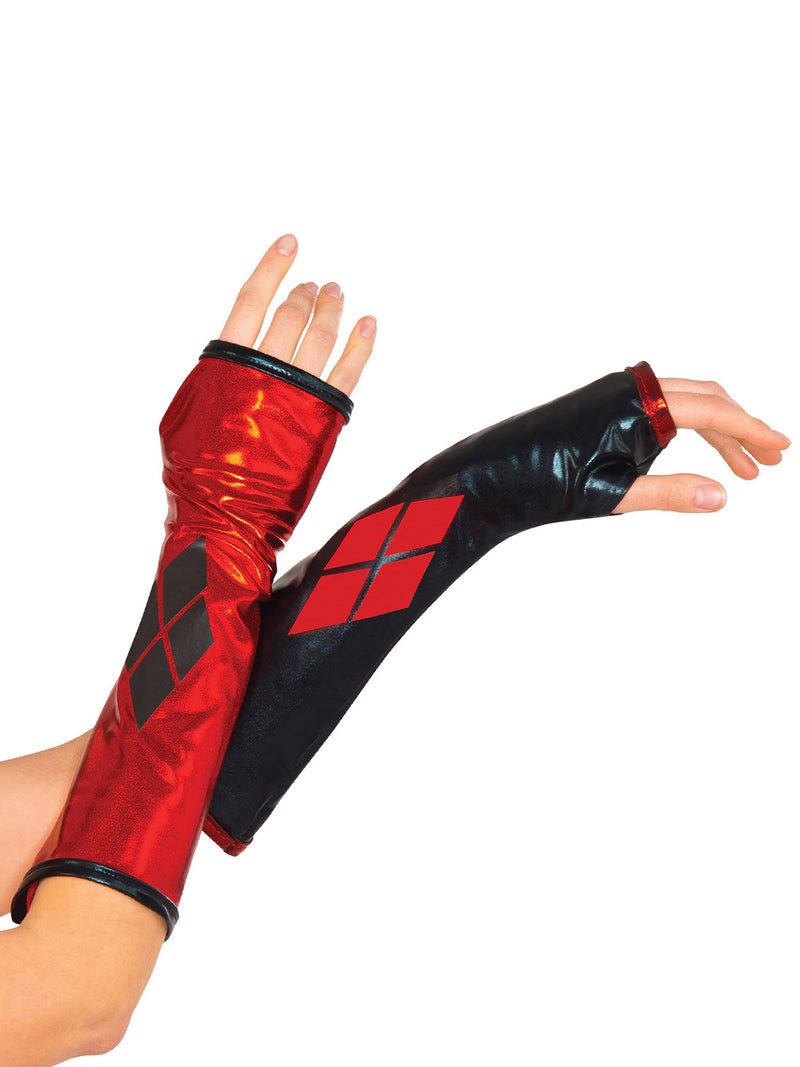 Adult Harley Quinn Gauntlets - Red & Black Fingerless Arm Cuffs