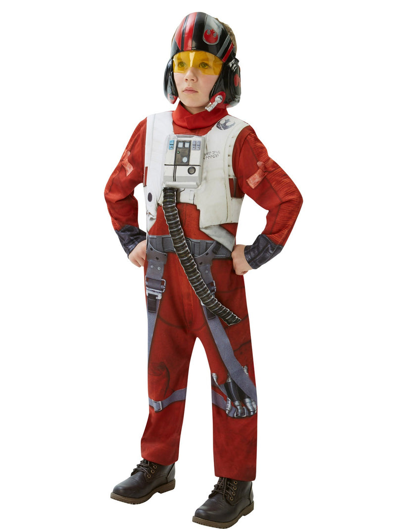 Kids Boys X-Wing Fighter Deluxe Costume hero full front view - child wearing orange Resistance pilot jumpsuit with 3D chest piece, harness pants and X-Wing pilot helmet mask