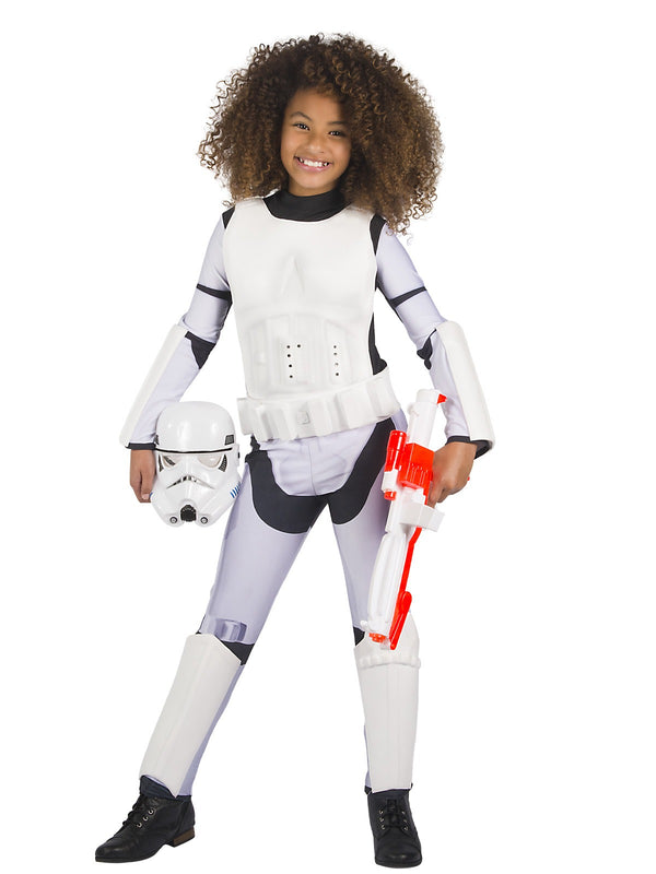 Kids Girls Stormtrooper Costume hero full front view - girl wearing complete jumpsuit with armour pieces, helmet and toy blaster