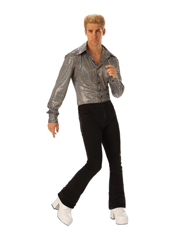 Mens Silver Disco Shirt - 70s Holographic Sequin Dance Costume