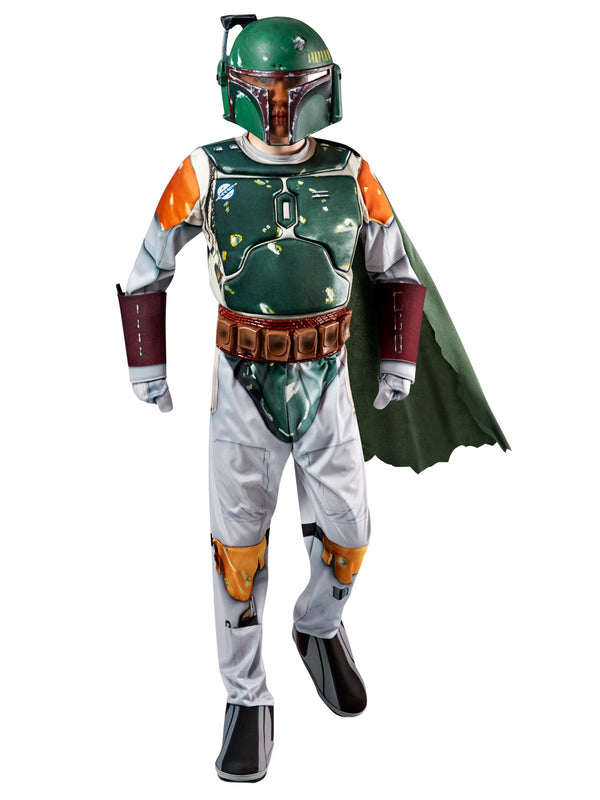 Kids Boys Boba Fett Premium Costume hero full front view - child wearing padded Mandalorian armour jumpsuit, gauntlets, belt, cape and half mask