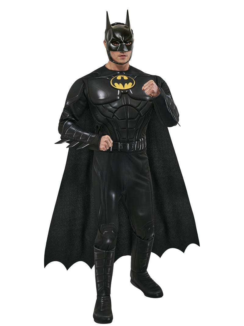 Mens Batman Costume - 1989 deluxe muscle suit with yellow bat emblem and cape