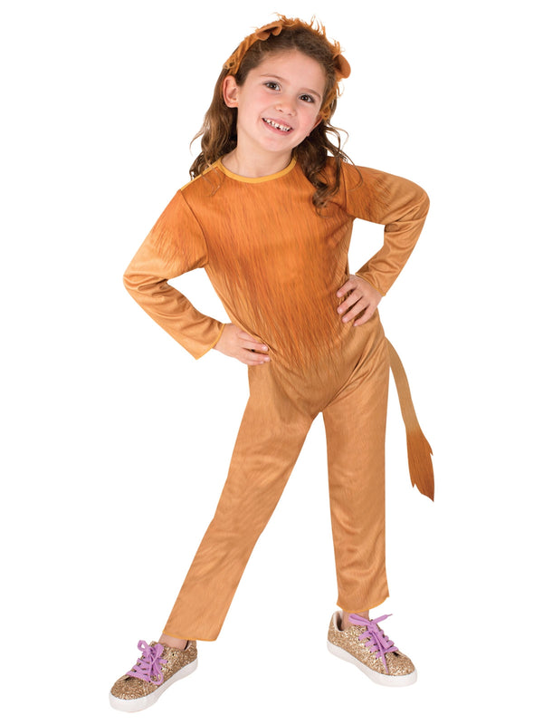 Kids lion costume full-length view showing golden-tan jumpsuit with textured brown mane and attached tail