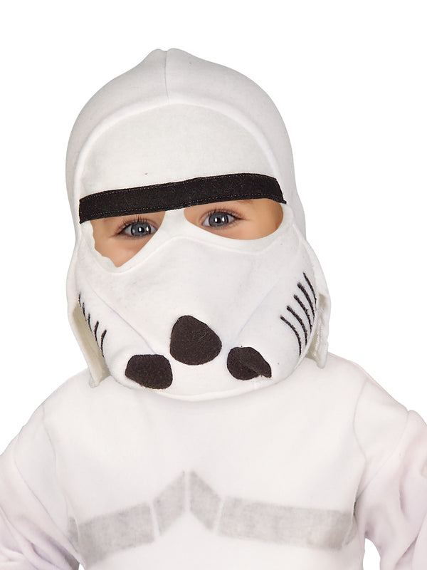 Toddler in white Star Wars Stormtrooper fleece costume with printed armor and fabric helmet