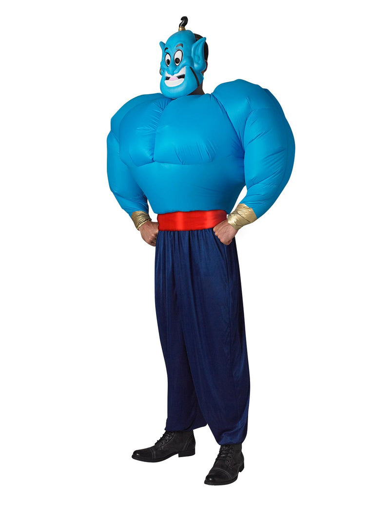 Mens Disney Genie inflatable costume with turquoise torso, navy harem pants, red sash and character mask with black ponytail