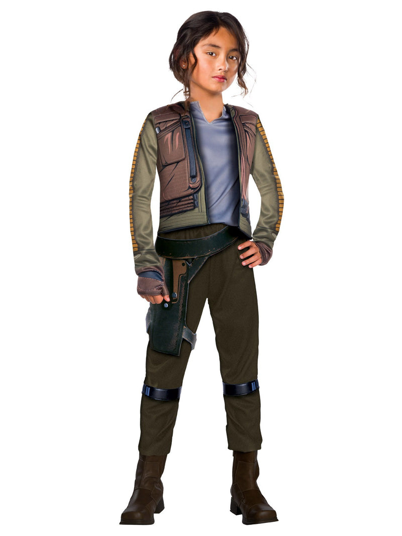 Kids Girls Jyn Erso Deluxe Costume hero full front view - girl wearing foam-padded rebel jacket, pants with strap detail and belt with attached holster