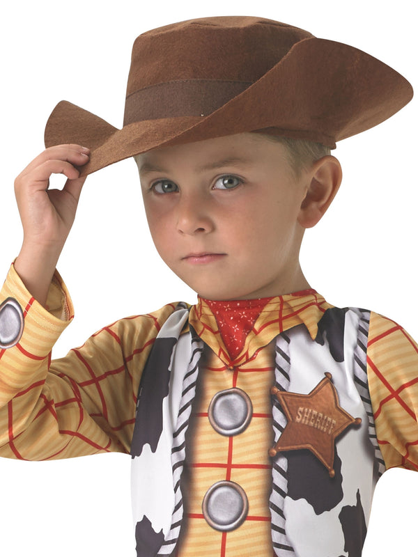 Kids Woody Costume full jumpsuit with printed vest badge and holster, brown cowboy hat included