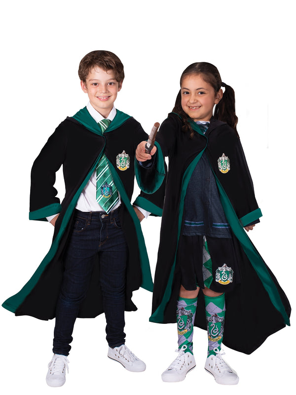 Kids Slytherin robe in black with emerald green trim and serpent house crest