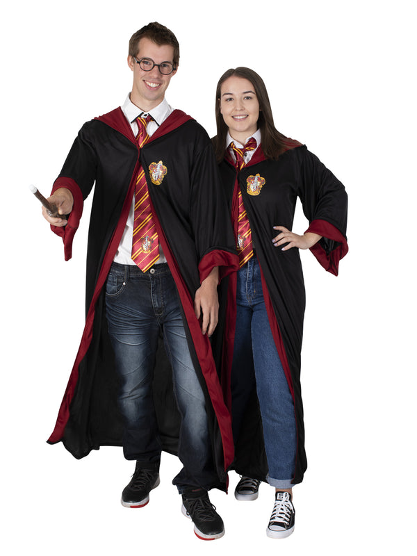 Adult Harry Potter Hogwarts robe with hood and Gryffindor burgundy satin lining, ankle-length black polyester cloak