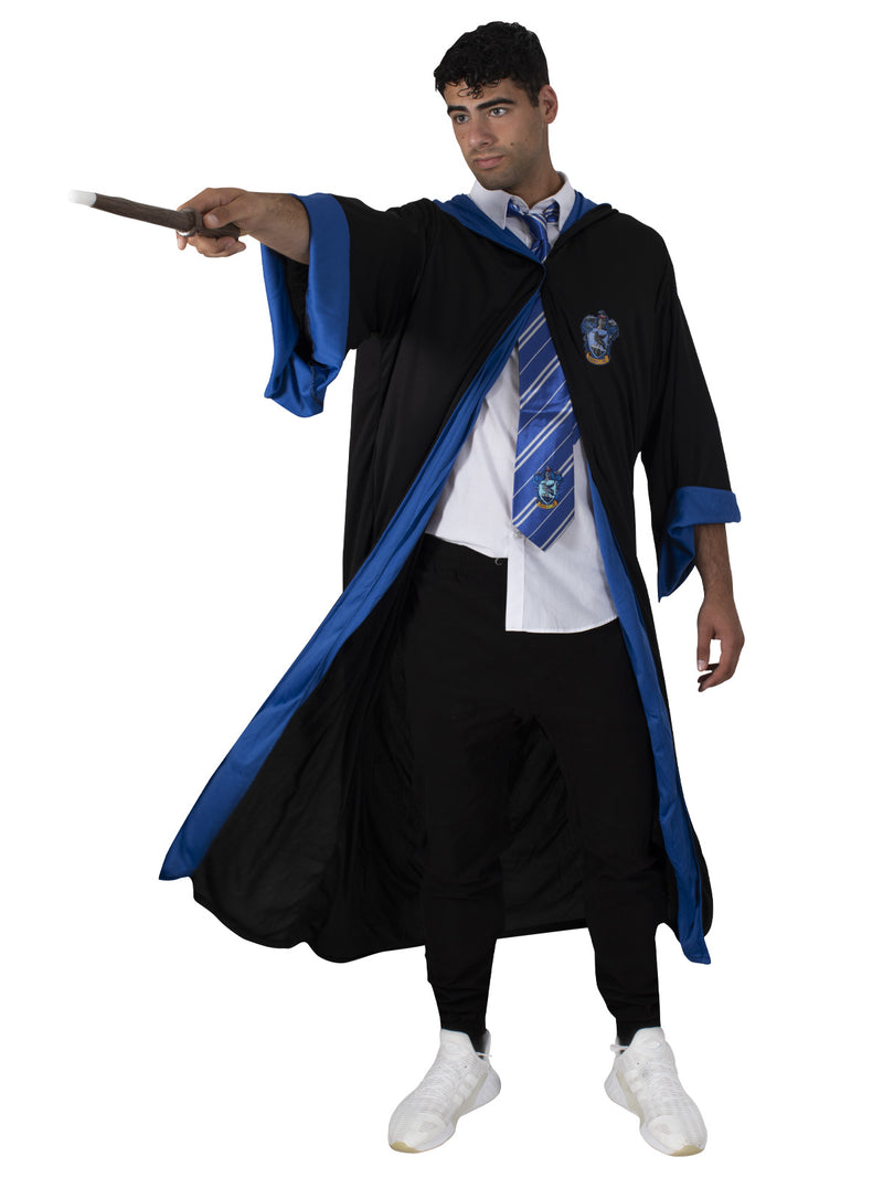 Adult Harry Potter Ravenclaw Hogwarts robe with attached hood and deep blue satin lining, full ankle-length view