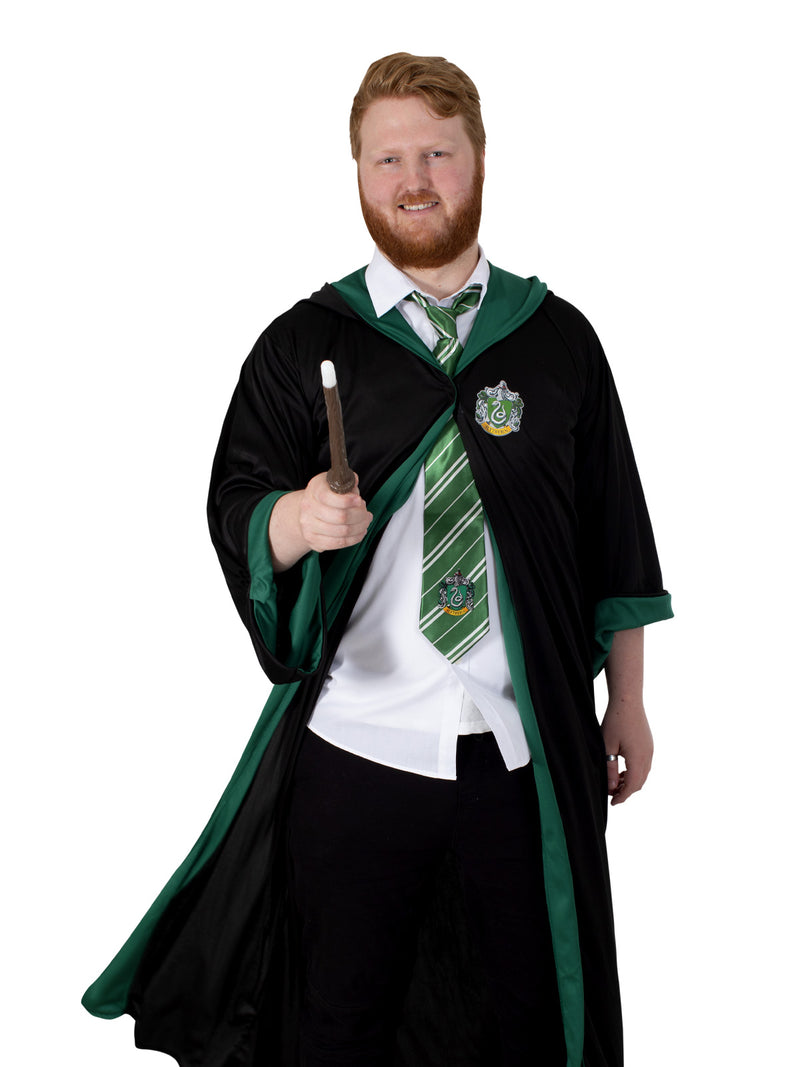Adult Harry Potter Slytherin Hogwarts robe with attached hood and emerald green satin lining, open-front ankle-length design