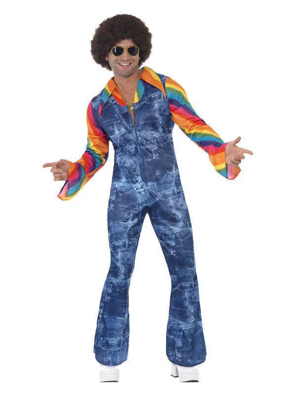 Mens 60s Disco Jumpsuit Costume - Groovy Rainbow Denim Flares