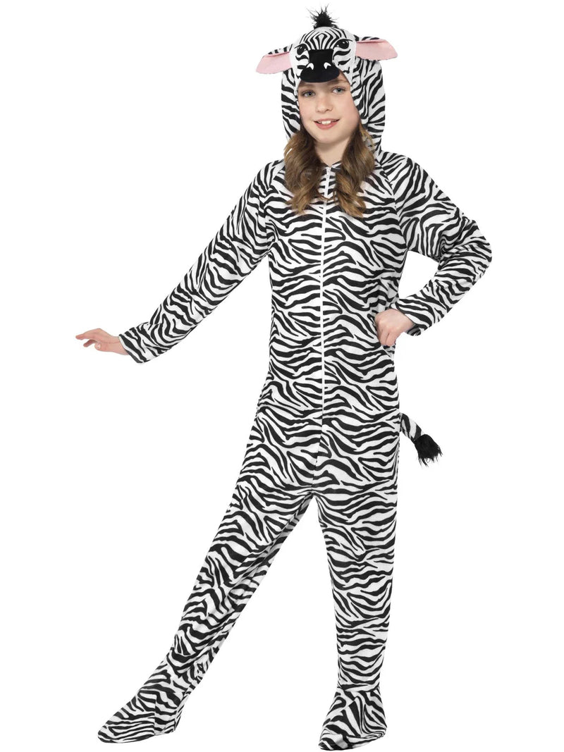 Kids Zebra Costume - Hooded Black & White Striped Jumpsuit