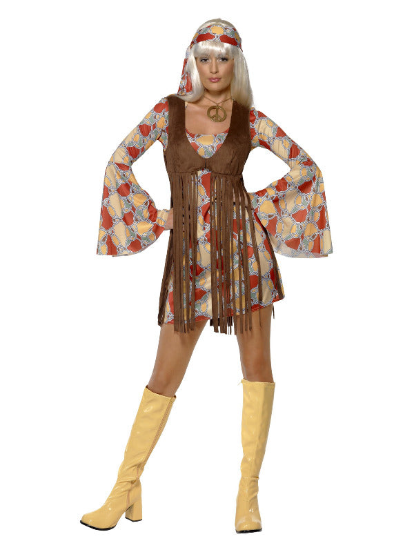 Womens 60s Hippie Costume - Groovy Flower Power Mini Dress