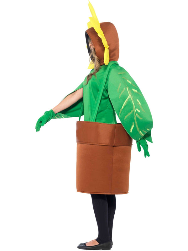Adult sunflower plant costume with yellow petal hood and terracotta pot skirt, front view