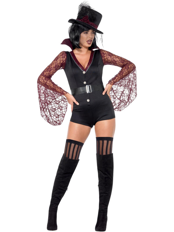 Womens Gothic Vampire Costume - Victorian Vampiress Bodysuit & Hat Set