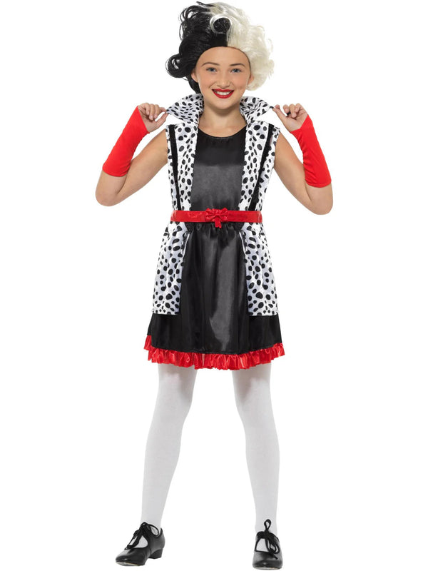 Kids Cruella Costume - Dalmatian Villain Dress & Gloves