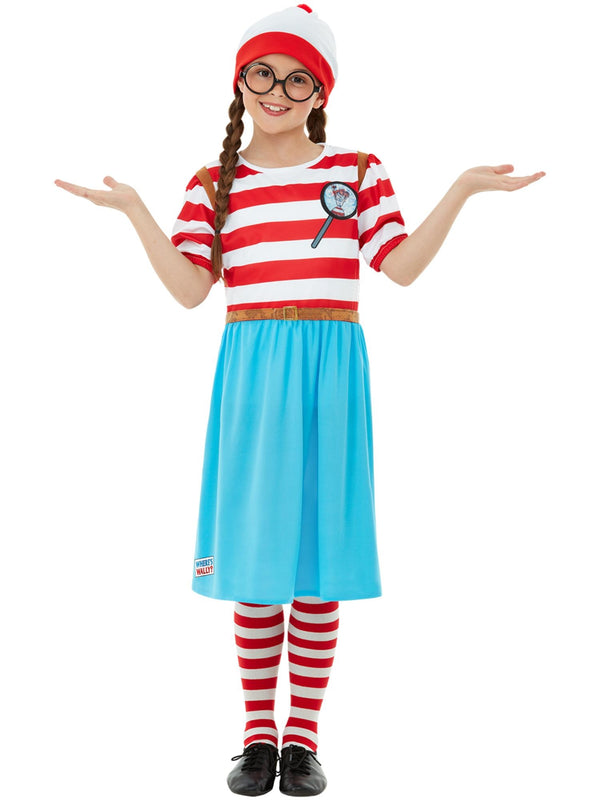 Kids Wenda costume dress with red-white stripes, blue skirt, bobble hat and round glasses for Where's Wally Book Week