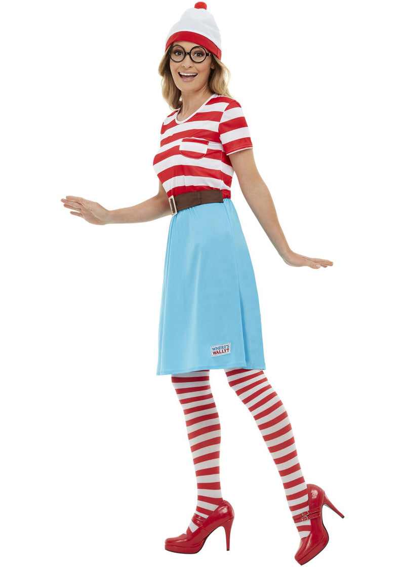 Womens Wenda Where's Wally costume showing red and white striped dress with blue A-line skirt, brown belt, white pompom beanie hat and round black glasses