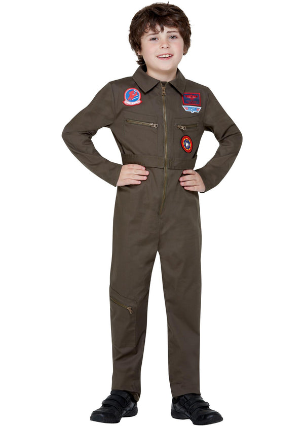 Kids Top Gun Maverick flight suit in olive green with embroidered patches and front zip