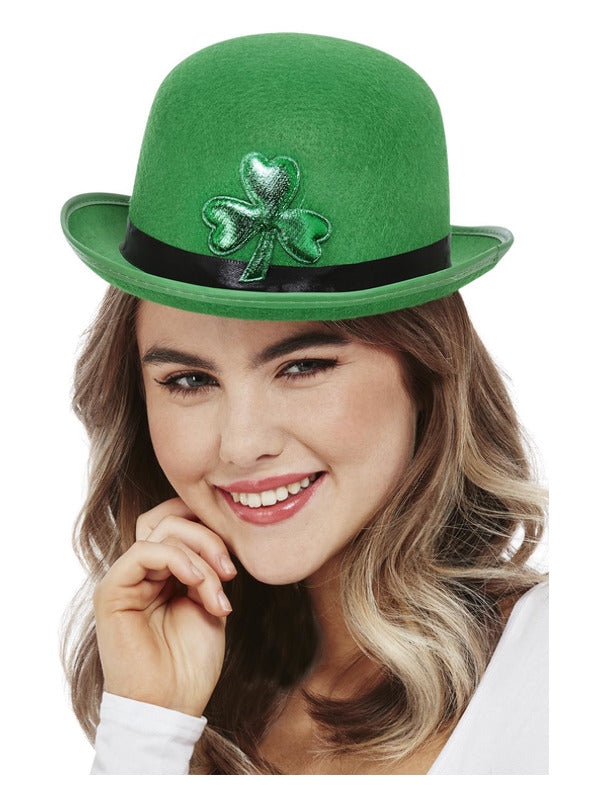 Adult Paddy's Day Bowler Hat - Green Irish Shamrock Derby Accessory