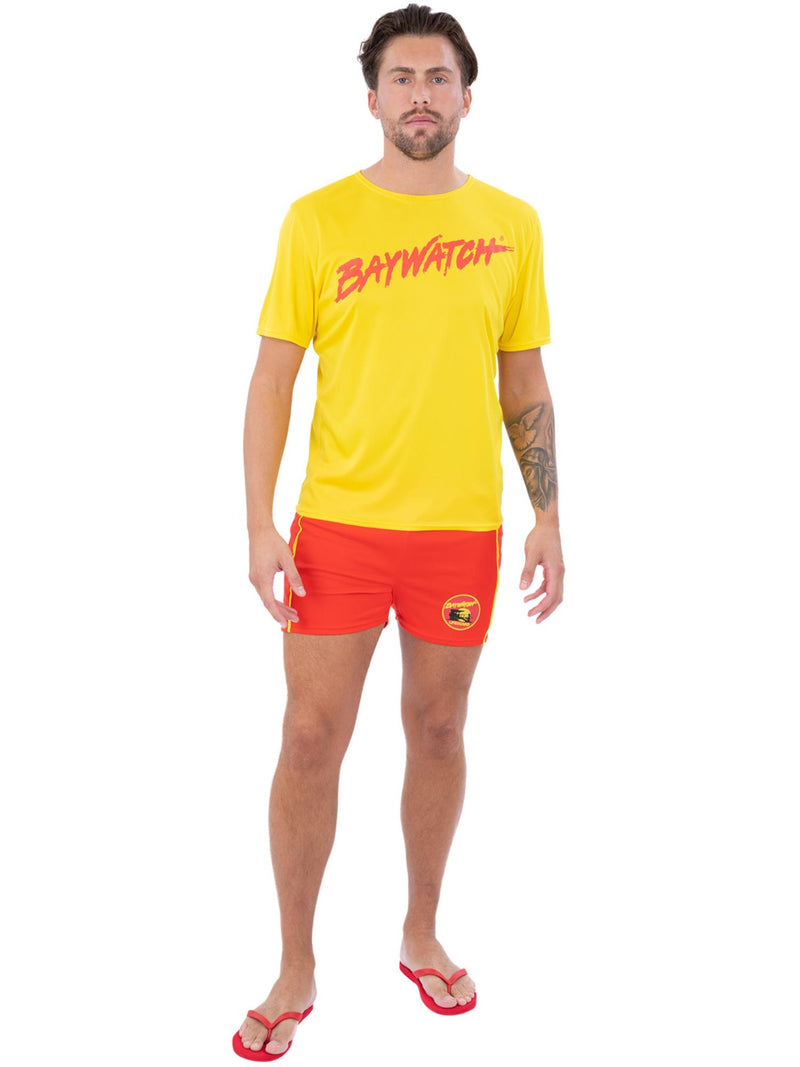 Mens Baywatch Lifeguard Costume Kit - yellow crew-neck tee with red brush-script Baywatch logo and red PVC inflatable rescue float