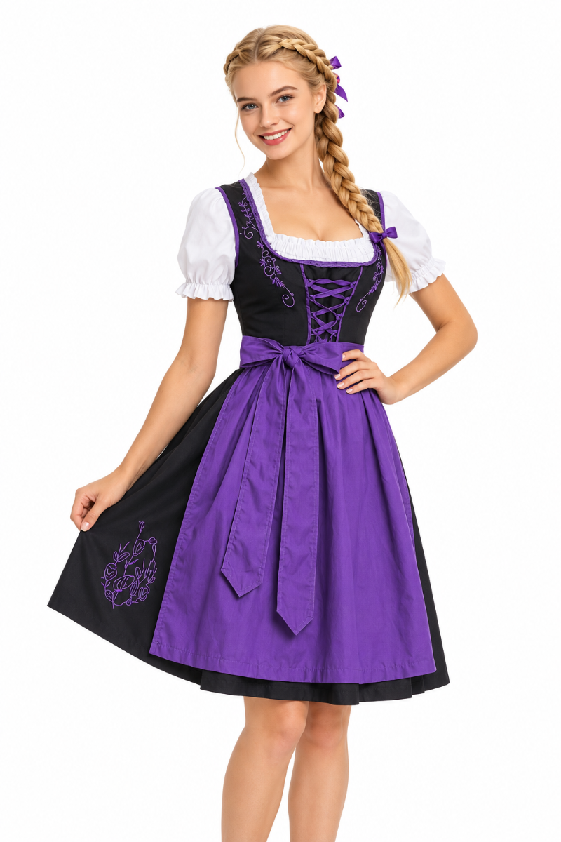 Womens Bavarian Beer Maid Costume - Purple Dirndl Dress with Apron
