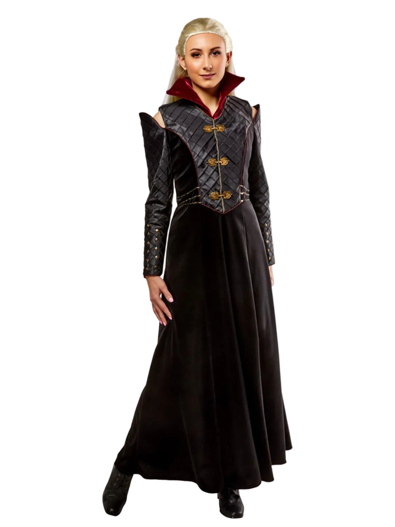Womens Rhaenyra Targaryen House of the Dragon costume dress with black velour gown, burgundy high collar, quilted bodice, and standing shoulder epaulettes