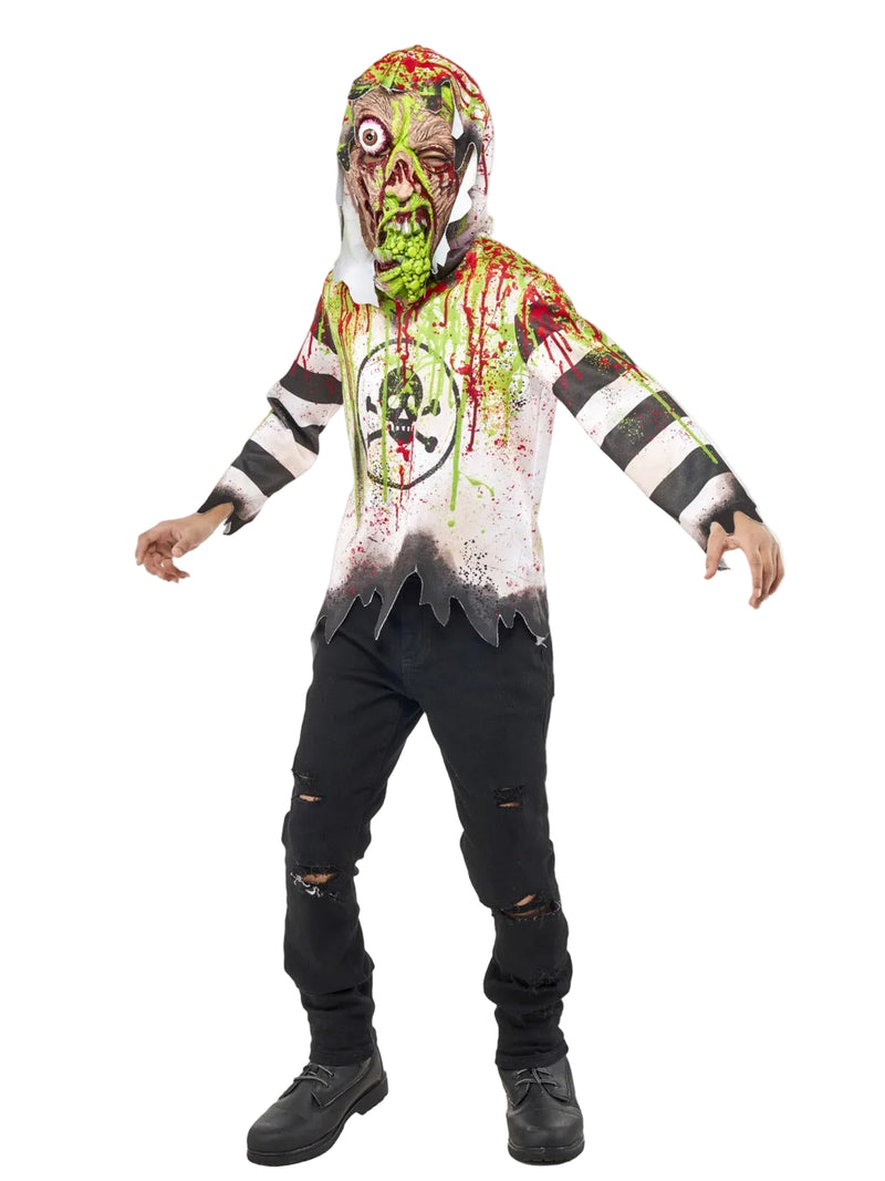 Kids toxic zombie costume with moulded mask and hooded shirt, neon green slime and blood splatter