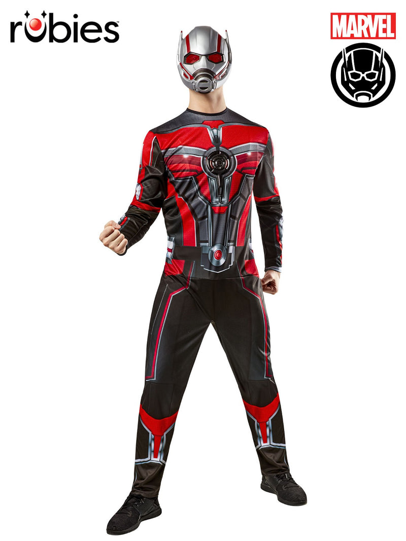 Mens Ant-Man Deluxe Costume front view showing red and black printed jumpsuit with 3D chest regulator disc and silver armor panels