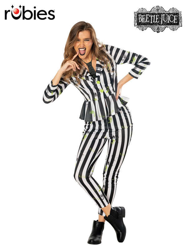 Womens Beetlejuice costume - black and white striped peplum jacket with lime green buttons and matching pants