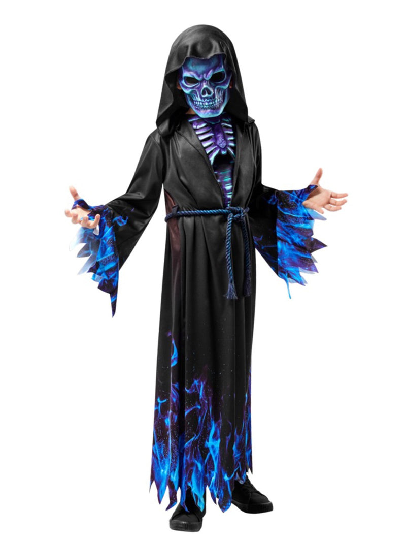 Child wearing blue flame reaper costume with hooded robe and skull mask, front view