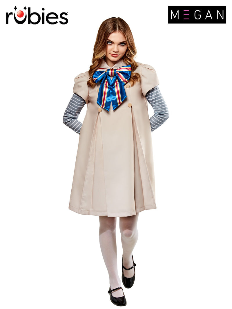 Womens M3GAN android doll costume dress with striped sleeves and oversized bow