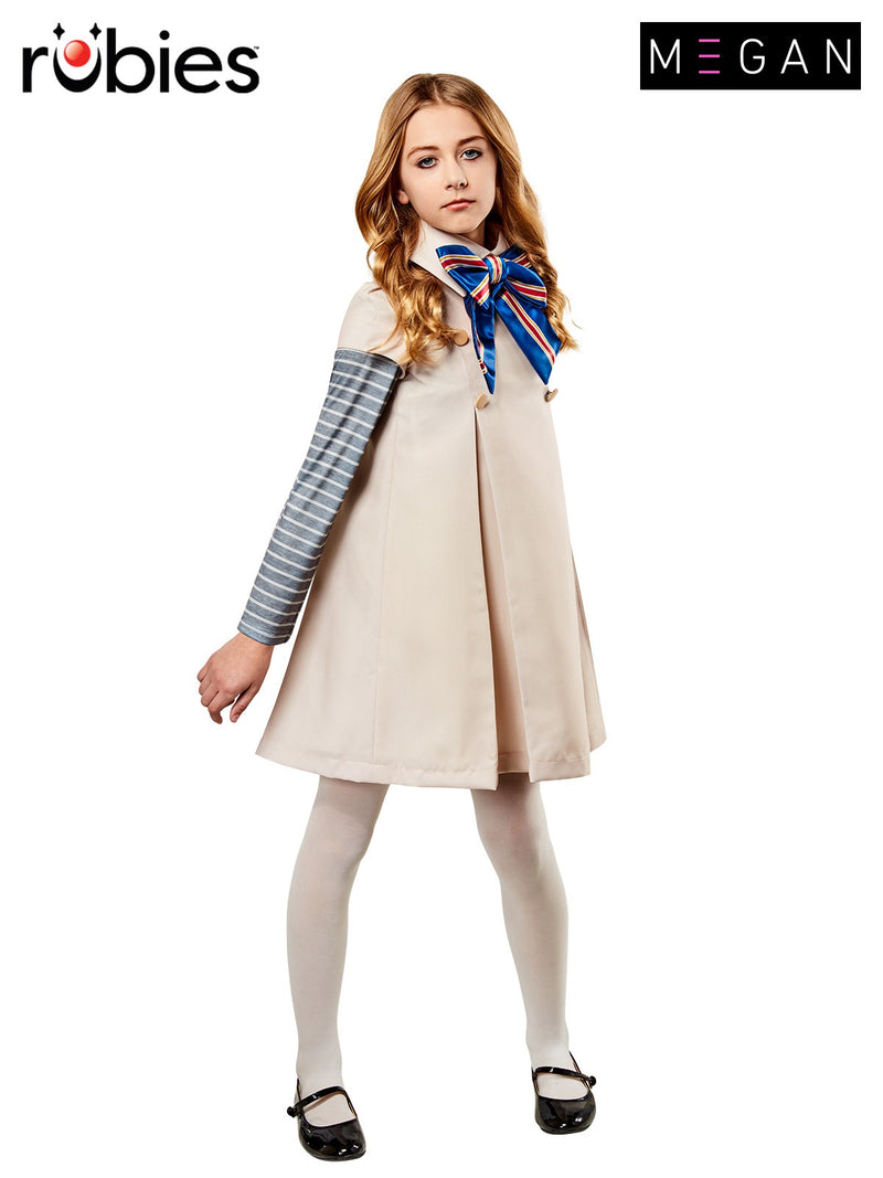 Kids M3GAN costume dress with striped sleeves and oversized bow - front view