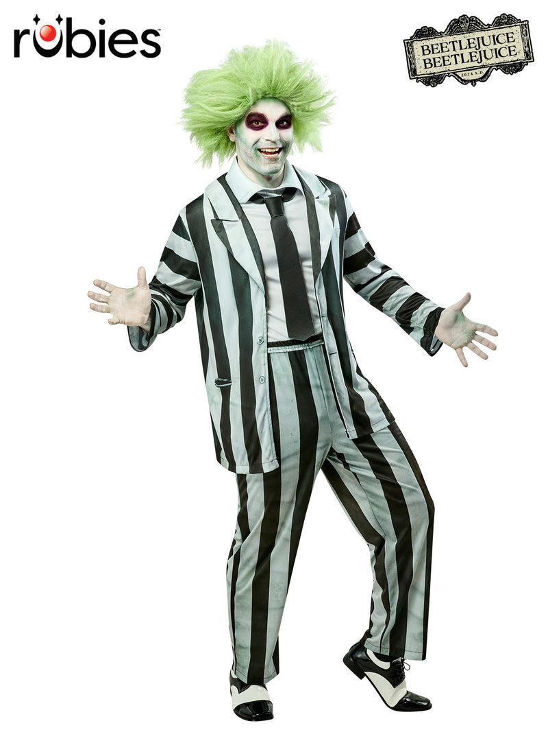 Mens Beetlejuice costume with black and white striped jacket, pants, and vest with tie