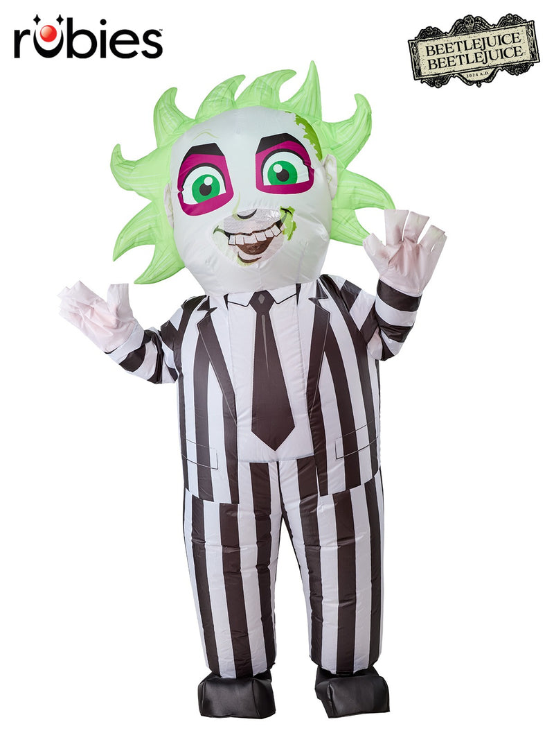 Adult wearing full-body inflatable Beetlejuice costume with wild green hair and black-white striped suit