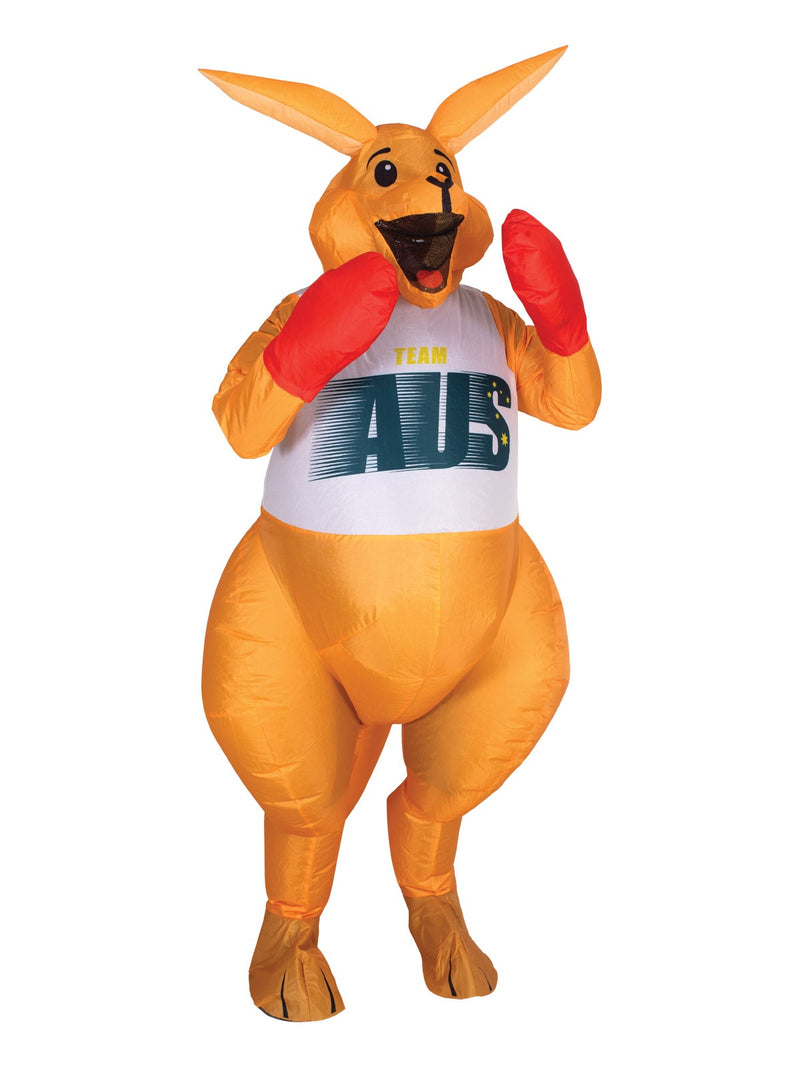 Close-up of Boxing Kangaroo costume head showing upright ears, black mesh viewing window, and smiling expression