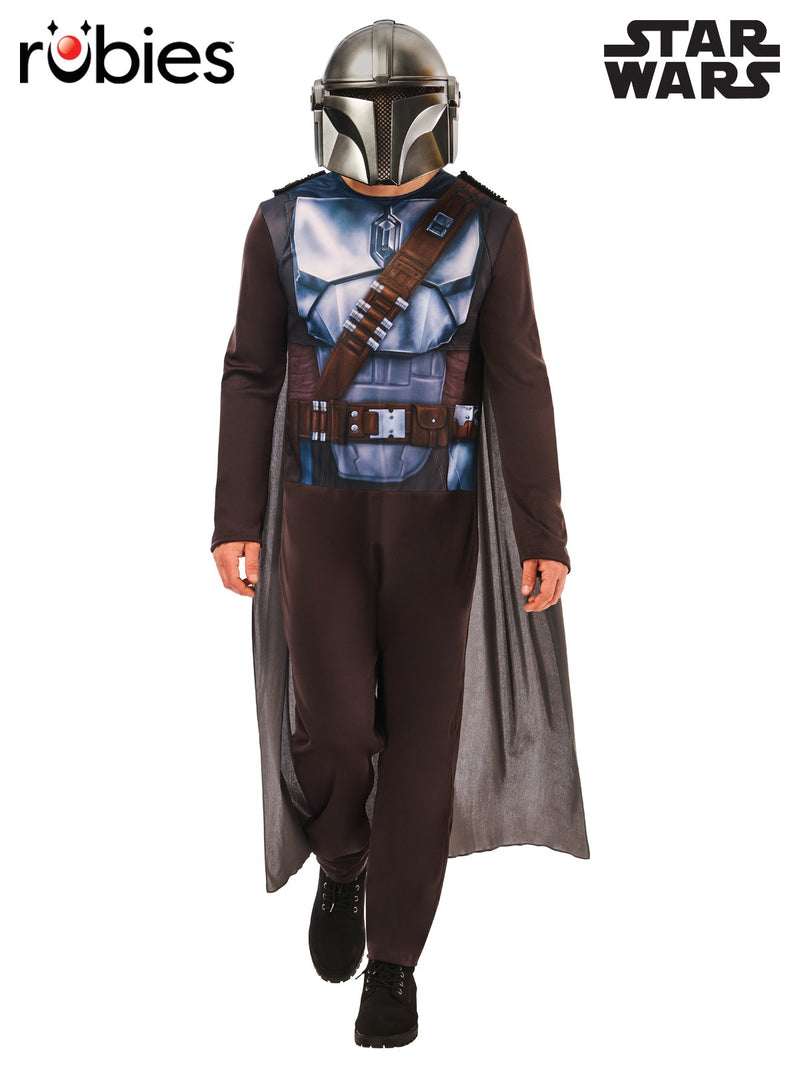 Adult Mandalorian costume with printed armor jumpsuit and helmet mask