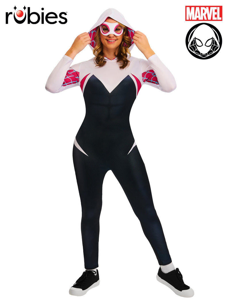 Womens Ghost Spider hooded jumpsuit costume with red web pattern and eye mask
