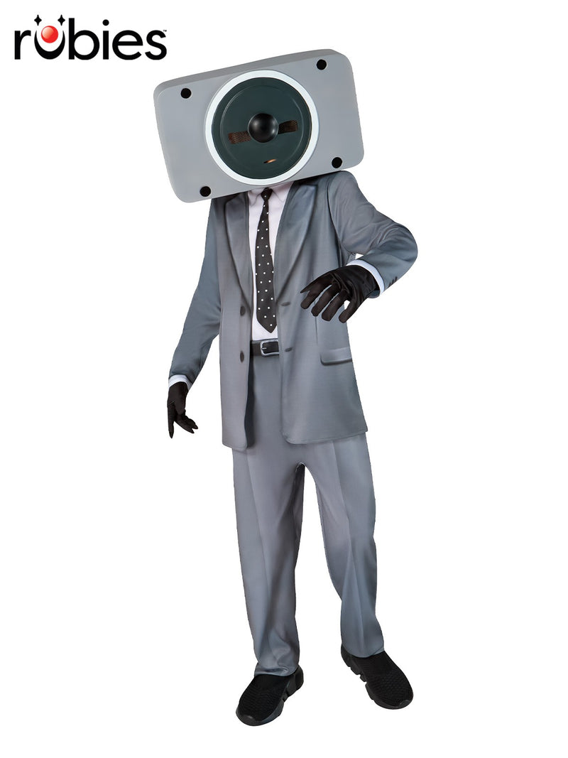 Kids Skibidi Toilet Speakerman costume with grey suit jumpsuit and speaker mask