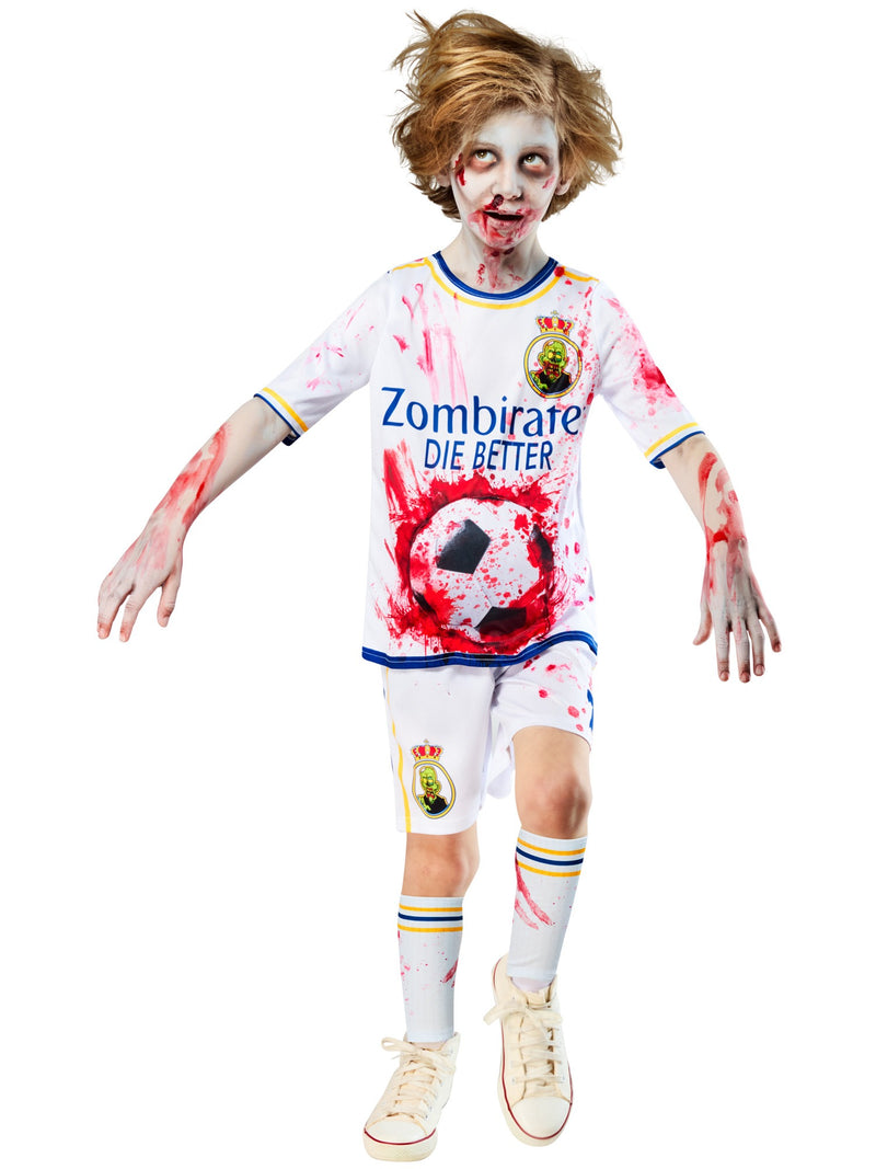 Close-up of zombie soccer kit showing torn stomach soccer ball print and Zombirates text