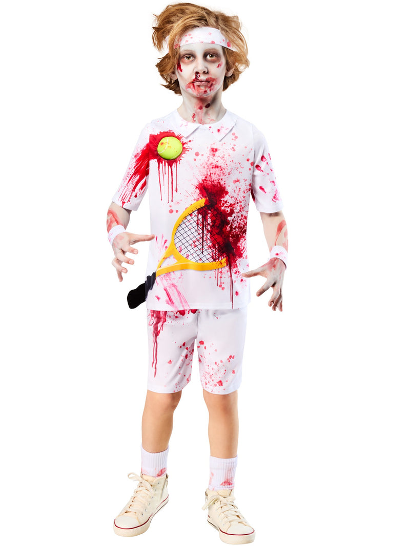 Child wearing Rotter Federer zombie tennis costume with blood effects